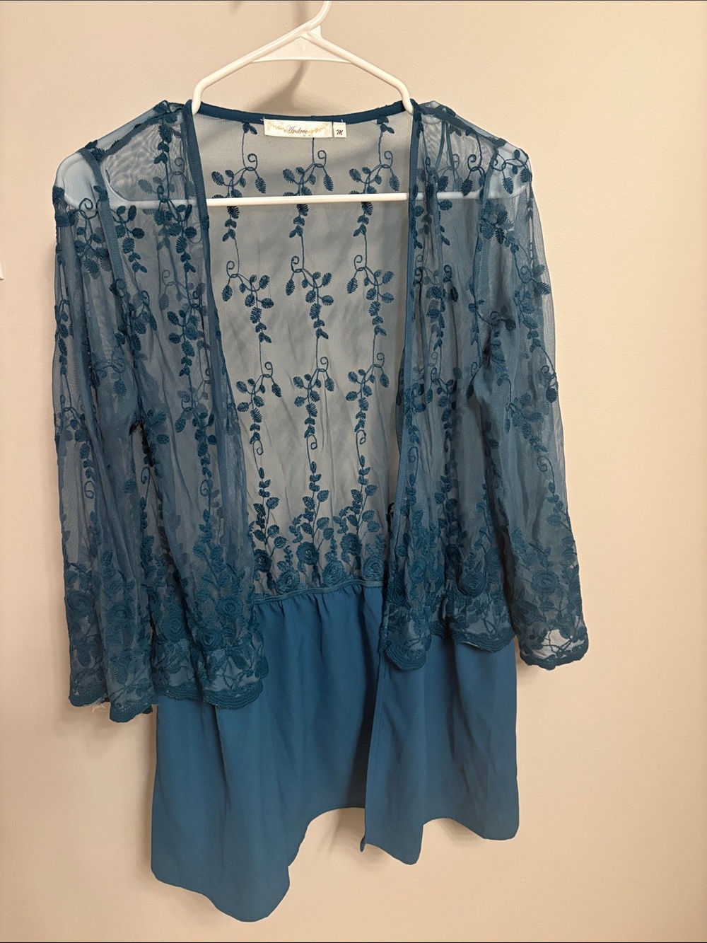 Andree Teal Blue Sheer Embroidered Lace Cardigan